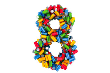 Number 8 from colored metallic drink cans, 3D rendering