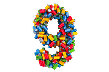 Number 9 from colored metallic drink cans, 3D rendering