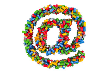 E-mail, at sign from colored metallic drink cans, 3D rendering