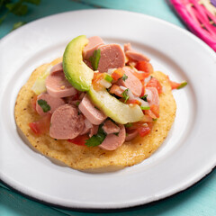 Mexican sausage ceviche with avocado on turquoise background