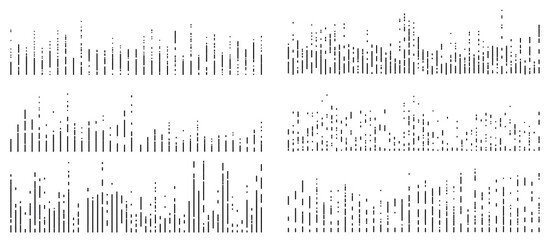 Set of six vector halftone dots and lines background. Black dots lines on white background.	
