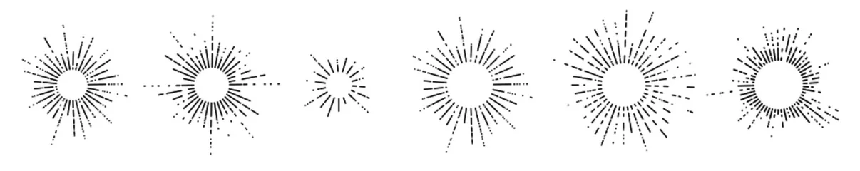 Satz von sechs Vintage-Sonnenstrahlen, Sonnenstrahlen, Sonnenstrahlen, Vektordesign-Elemente für Ihr Design © Anton Shpak