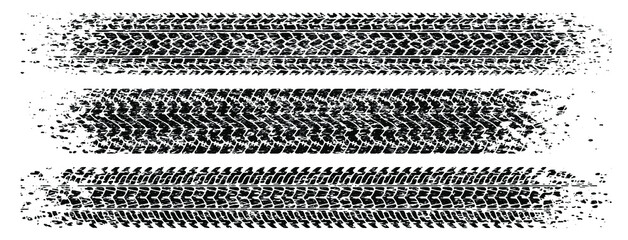 Set of three shabby, grunge style, dirty vector traces of tires.