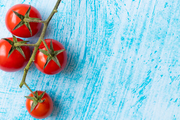 Cherry tomatoes on blue brushstroke background