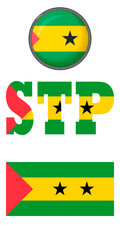 Icons of the flag of the Democratic Republic of Sao Tome and Principe on a white background. Vector image: flag, button, and abbreviation. You can use it to create a website, print brochures, booklets