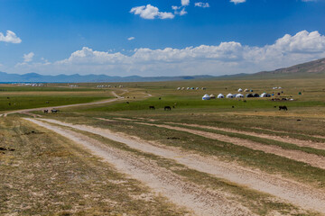 Yurt camps at the shores of Song Kul lake, Kyrgyzstan