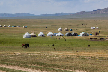 Yurt camps at the shores of Song Kul lake, Kyrgyzstan