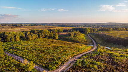 An aerial view of the New Forest with heartland, trees at golden hour under a majestic blue sky and white clouds