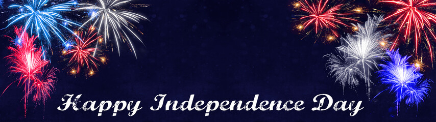Happy Independence Day (4th of July) background banner panorama -  Blue white red firework in the Colors from the flag of united states of america on dark blue texture, with copy space
