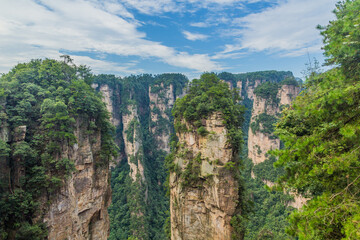 Sandstone pillars in Wulingyuan Scenic and Historic Interest Area in Zhangjiajie National Forest Park in Hunan province, China