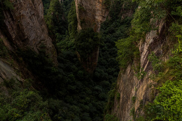 View down the sandstone pillars in Wulingyuan Scenic and Historic Interest Area in Zhangjiajie National Forest Park in Hunan province, China