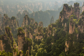 Aerial view of sandstone pillars in Wulingyuan Scenic and Historic Interest Area in Zhangjiajie...
