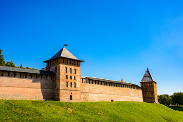 It's Walls of the Novgorod Kremlin. Historic Monuments of Novgorod and Surroundings, UNESCO World Heritage Site, Novgorod, Russia