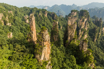 Sandstone pillar landscape in Wulingyuan Scenic and Historic Interest Area in Zhangjiajie National Forest Park in Hunan province, China