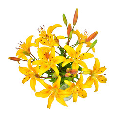 Flowers yellow lily bouquet in a vase isolated on white background. Flat lay, top view. Love. Valentine's Day
