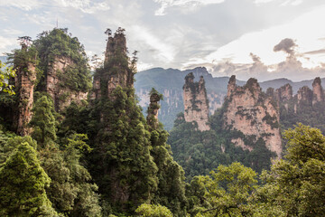 Fototapeta na wymiar Sandstone pillars in Wulingyuan Scenic and Historic Interest Area in Zhangjiajie National Forest Park in Hunan province, China