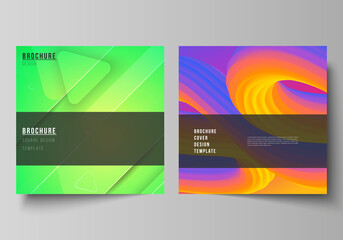 Minimal vector illustration layout of two square format covers design templates for brochure, flyer, magazine. Futuristic technology design, colorful backgrounds with fluid gradient shapes composition