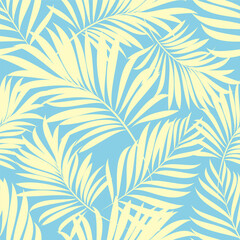 Palm leaves. Seamless cartoon pattern with tropical plants suitable for decoration of fabrics, textiles, packaging, perfumes, illustrations, magazines. Set of vector posters.