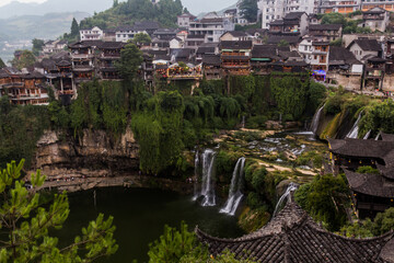 View of Furong Zhen town and waterfall, Hunan province, China