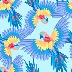 Parrots on the background of palm branches and leaves. Tropical seamless pattern. Vector image.