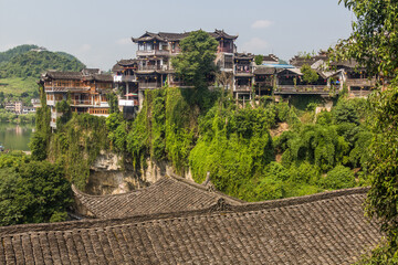 Houses on cliffs in Furong Zhen town, Hunan province, China