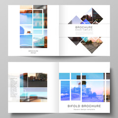 The vector illustration of the editable layout of two covers templates for square design bifold brochure, magazine, flyer, booklet. Creative trendy style mockups, blue color trendy design backgrounds.