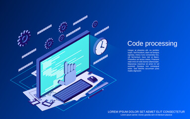 Code processing, program coding, algorithm optimization flat isometric vector concept illustration