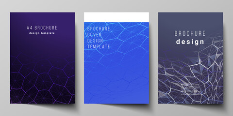 Vector layout of A4 format cover mockups design templates for brochure, flyer. Digital technology and big data concept with hexagons, connecting dots and lines, polygonal science medical background.