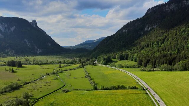 Typical landscape in Bavaria in the Allgau district of the German Alps - aerial view