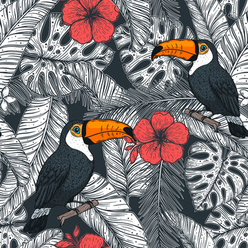 Tropical seamless pattern. Tropical design template. Toucan and palm leaves vector illustration. Summer design. Beautiful design for textiles. Jungle pattern. Print on cloth template.
