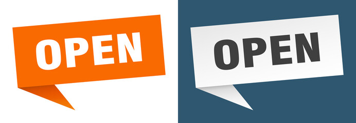 open banner. open speech bubble label set. open sign