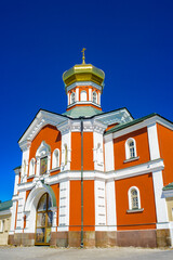 Fototapeta na wymiar It's Valday Iversky Monastery, a Russian Orthodox monastery founded by Patriarch Nikon in 1653. Lake Valdayskoye in Valdaysky District of Novgorod Oblast, Russia,