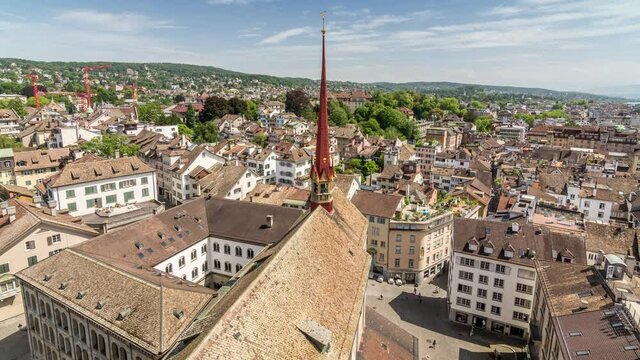 Panoramic view of old town Zurich from the top of the Grossmunster church, time lapse video