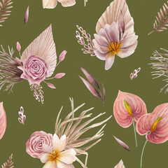 pattern of exotic flowers in watercolor