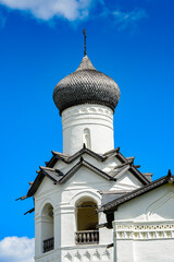 Fototapeta na wymiar It's Transfiguration Monastery on a sunny day in the town of Staraya Russa, a town in Novgorod District, Russia