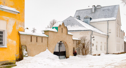 Gates into the Fedorov town, complex of buildings in the town of Pushkin, near St.Petersburg, Russia