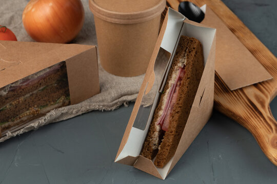 Soup And Sandwiches In Eco Packaging - With Fresh Vegetables, Tuna, Lean Vegetable Ham. Vegan Food.