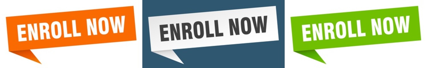 enroll now banner. enroll now speech bubble label set. enroll now sign