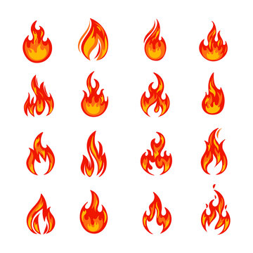 Collection of bonfires isolated on white. Vector illustration.