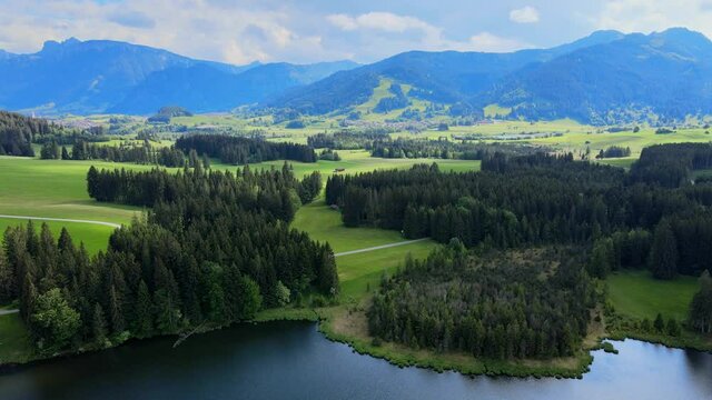 Typical landscape in Bavaria in the Allgau district of the German Alps - aerial view
