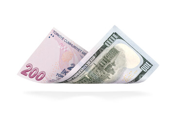 Obraz na płótnie Canvas Currency Conversion, Turkish two hundred lira to the U.S. one hundred dollar.