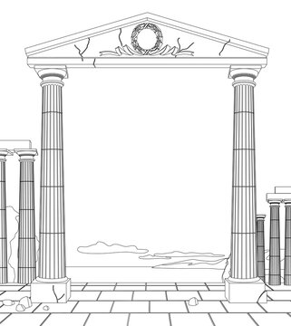 Linear drawing of the classic antic entrance with columns