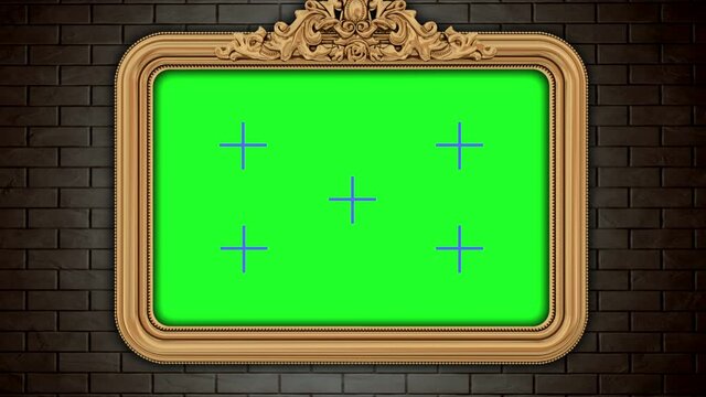 Golden vintage frame on brick wall. Green screen transition footage. Tracking your content. 4K footage