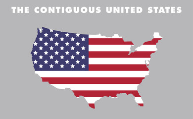 Map of USA with flag. Red, white and blue. Contiguous United States of America geographic borders.