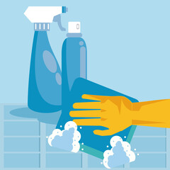 disinfect and clean activity with splash bottles and hand using squeegee