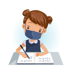 Girl in uniforms wearing a mask are writing.