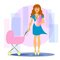 A young mother with a stroller and a baby. A woman holds a child in her arms. vector flat illustration in delicate pastel tones .Mother's Day.