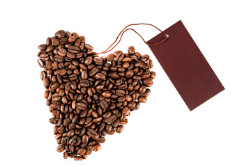 Heart shaped coffee beans with a blank label for your text.