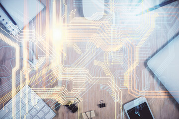 Double exposure of map hologram drawing over desktop. Top view. International connection concept.