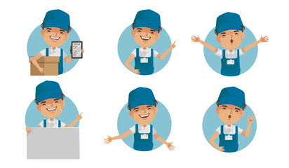Delivery Services. Delivery man holding box or product. Deliveryman uniform isolated.